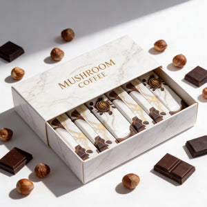 Premium marble box of DOSY mushroom coffee with Lion's Mane and hazelnut flavor.