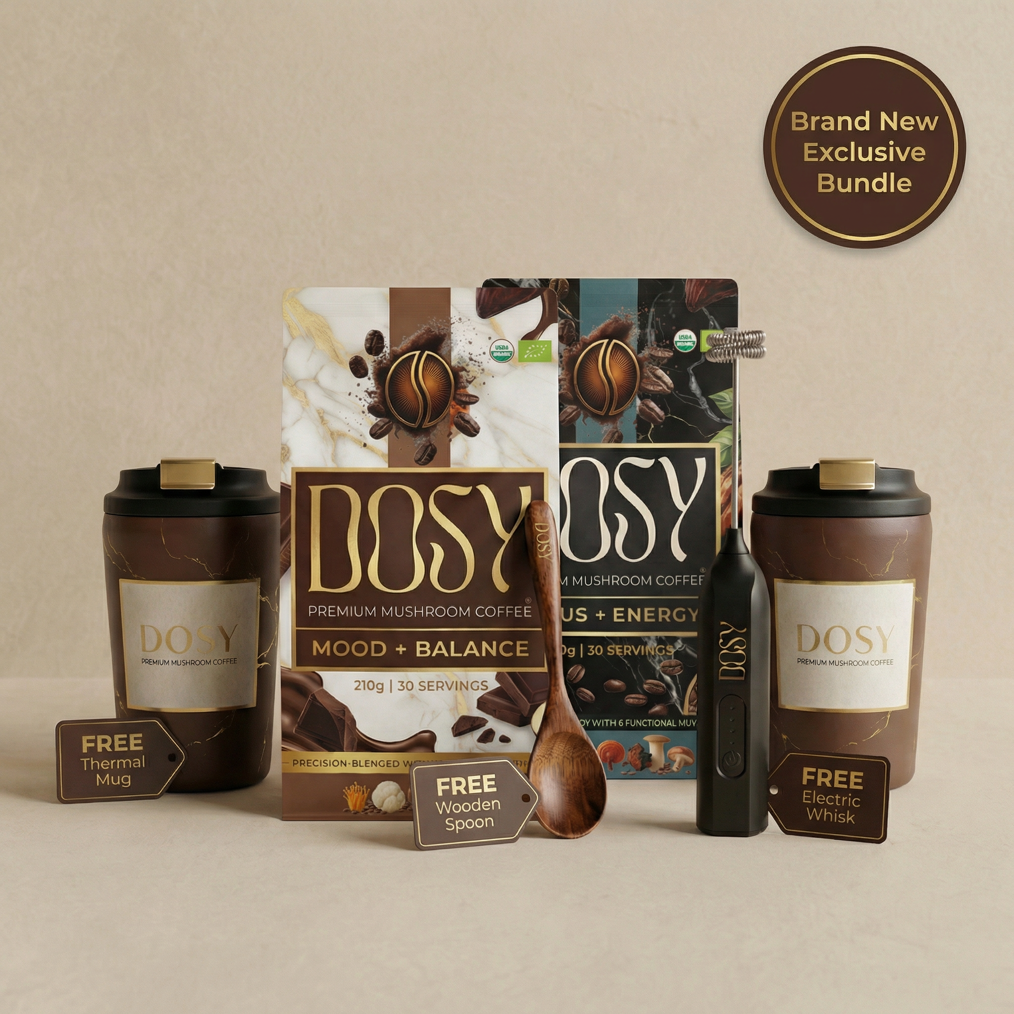 DOSY Premium Mushroom Coffee Starter Kit | Focus & Mood Blends (60 Servings) + Luxury Accessory Set