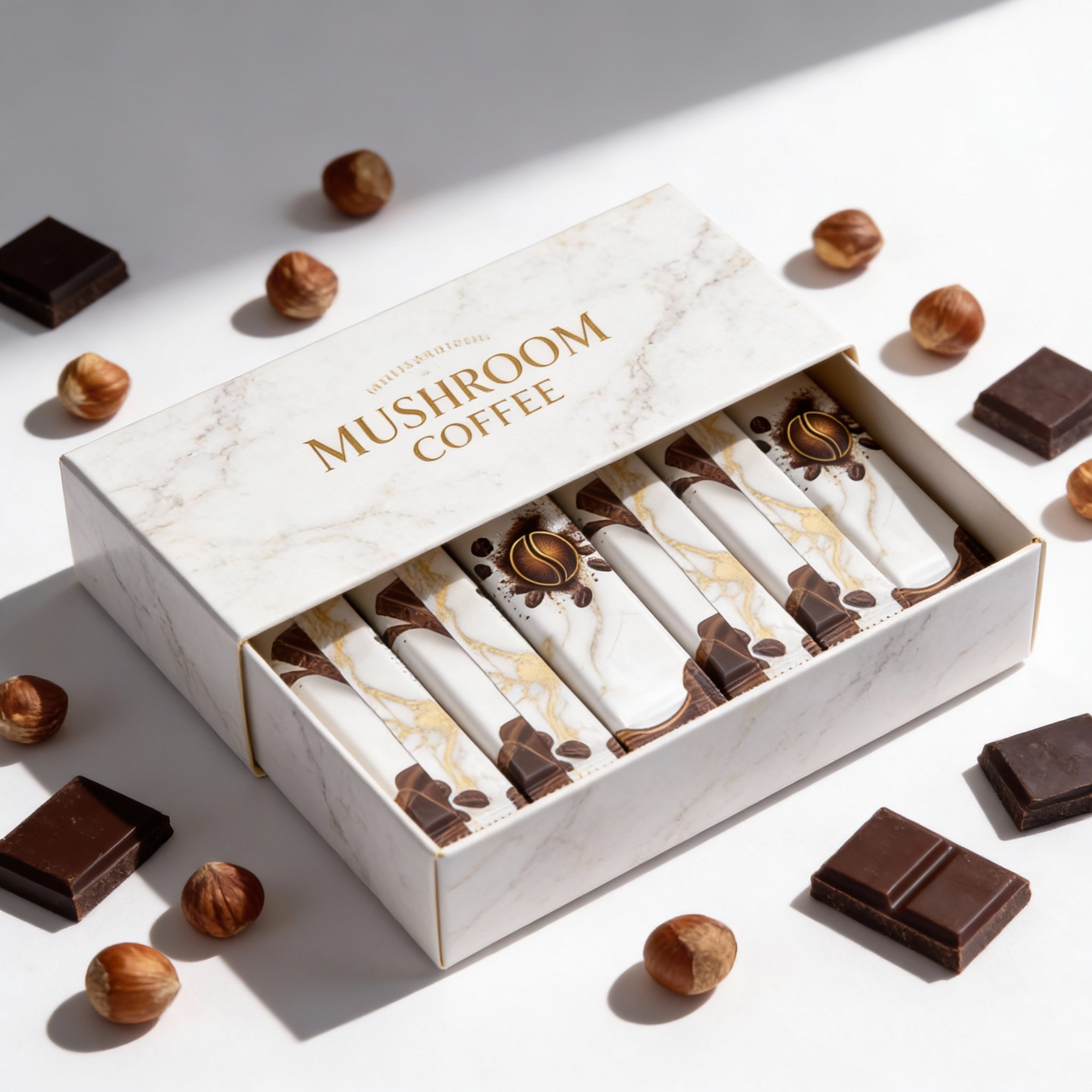 Premium marble box of DOSY mushroom coffee with Lion's Mane and hazelnut flavor.