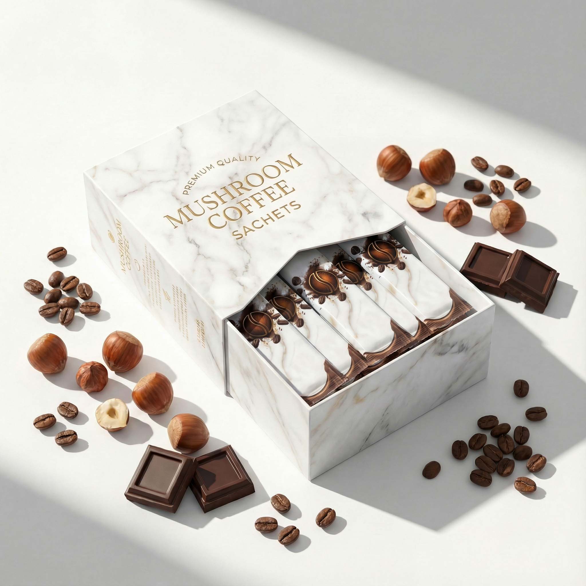 Premium marble box of DOSY mushroom coffee with Lion's Mane and hazelnut flavor.