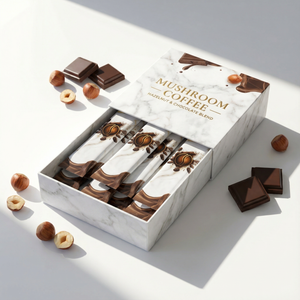 Premium marble box of DOSY mushroom coffee with Lion's Mane and hazelnut flavor.